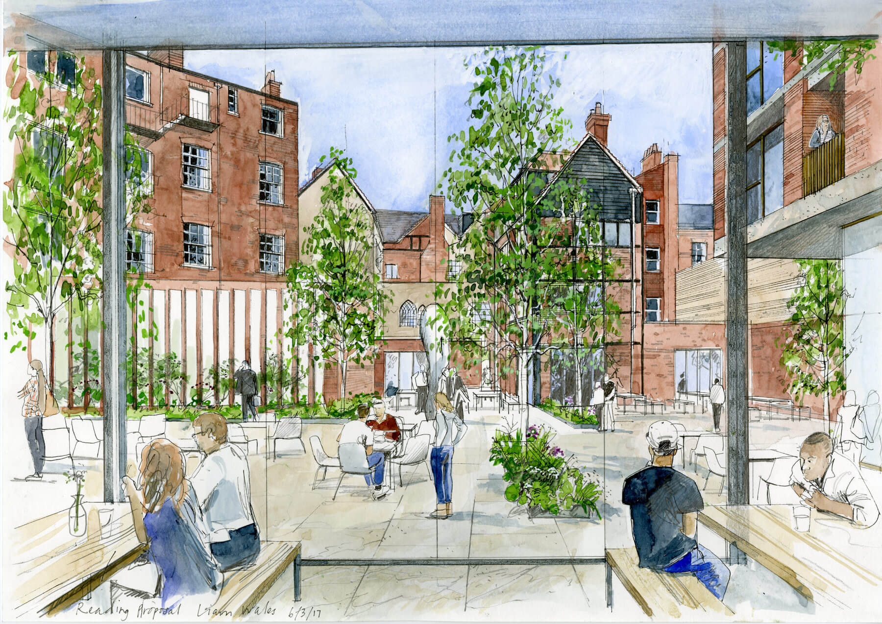 Liam Wales &mdash; Hand-drawn visual for a new development proposal in a history area of Reading. 
