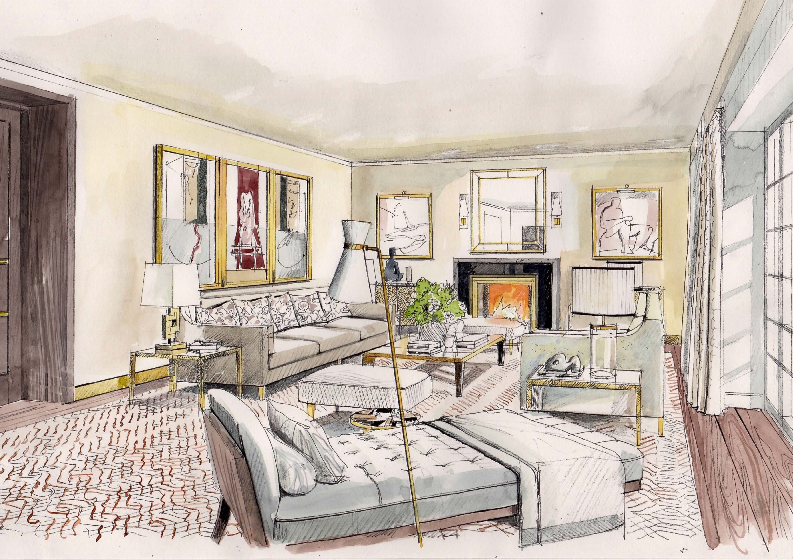 Liam Wales &mdash; Hand-drawn and painted interior design project. 