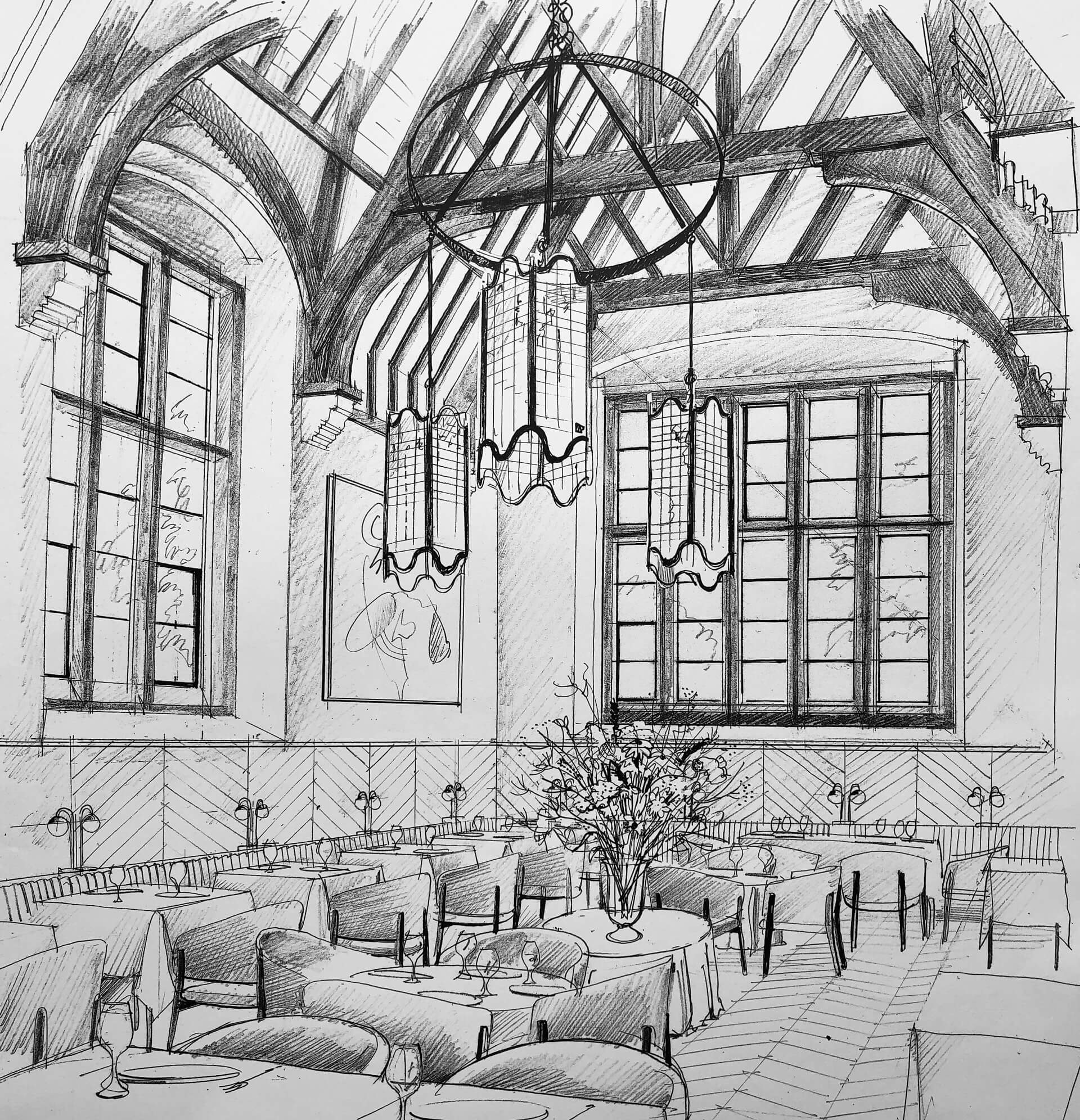 Liam Wales &mdash; Hand drawn concept of a restaurant in a former school. 