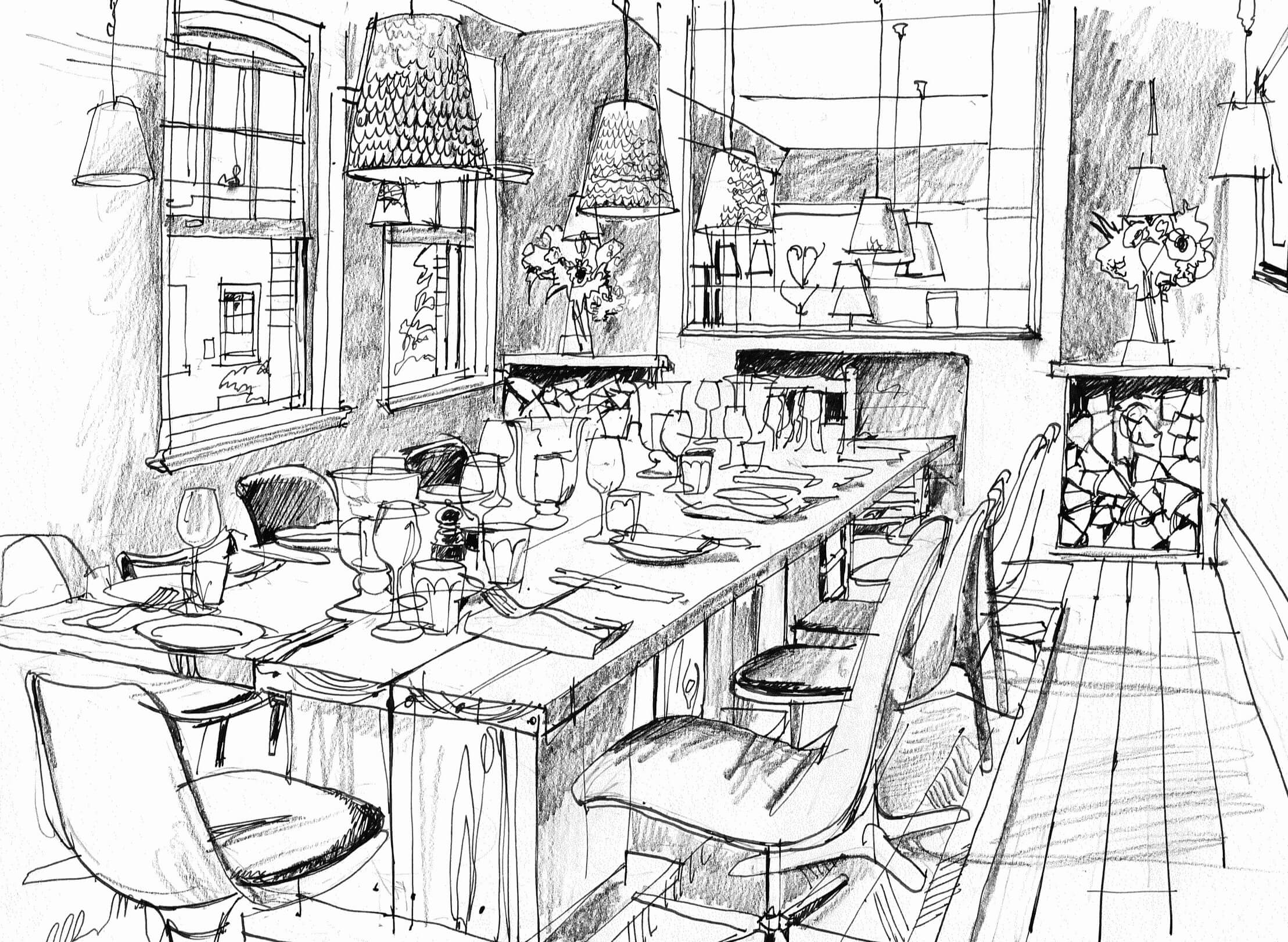 Liam Wales &mdash; Commissioned drawing of a restaurant interior. 