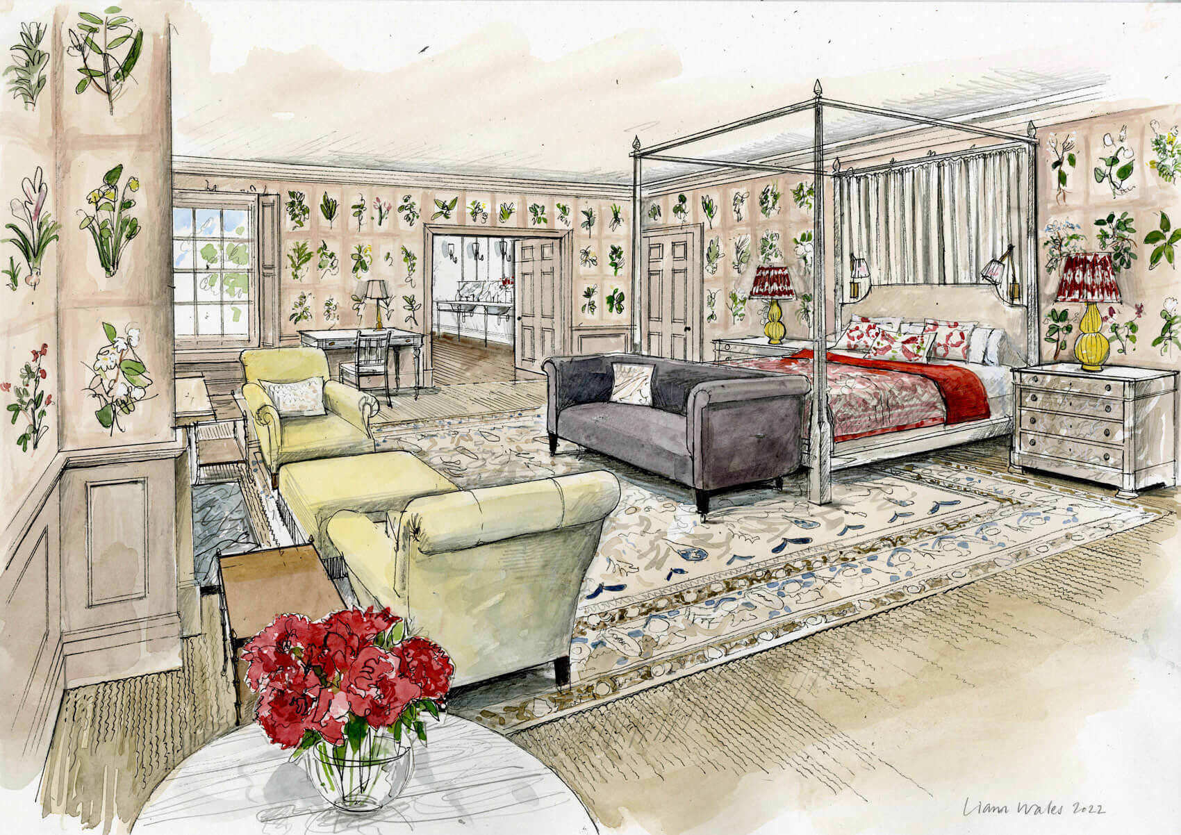 Liam Wales &mdash; Hand-drawn watercolour interior design concept. 