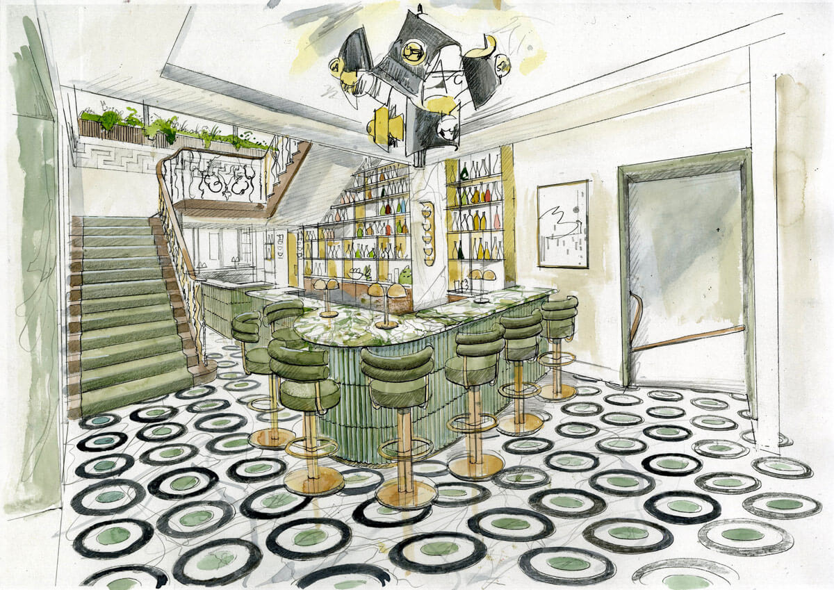 Liam Wales &mdash; Hand-drawn concept of Langans Brasserie, London.