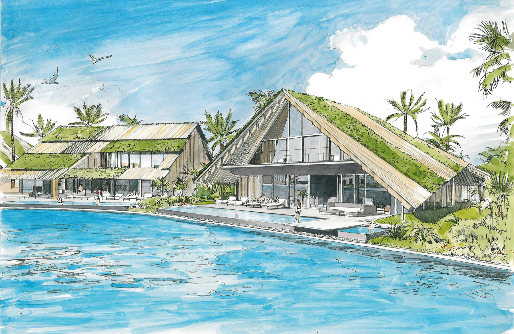 Liam Wales &mdash; Hand-drawn concept illustration for Kengo Kuma Associates, Japan. Maha Samutr Country Club and Luxury Villas, Hua Hin, Thailand. 
