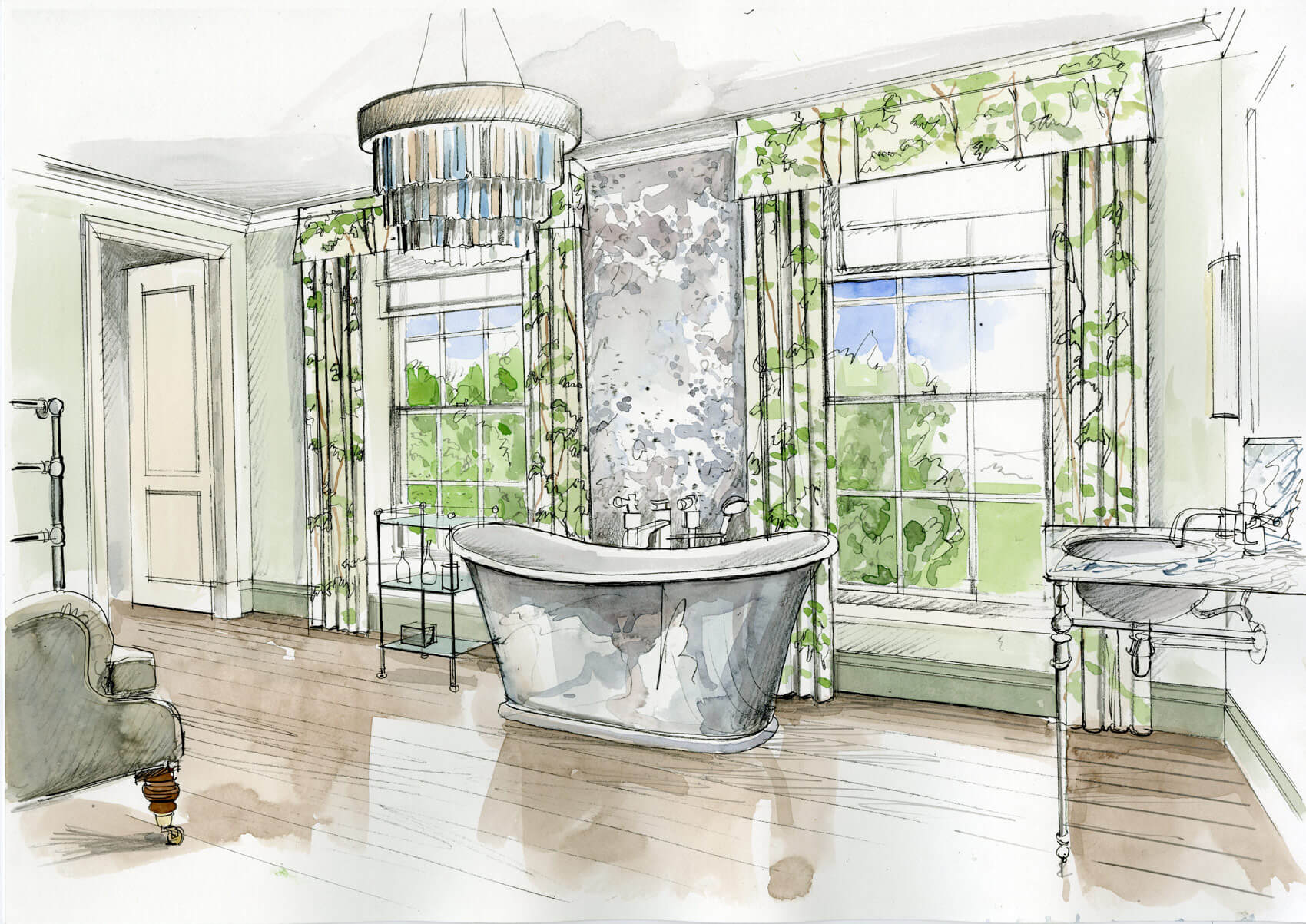 Liam Wales &mdash; Hand-drawn interior design concept visual. 