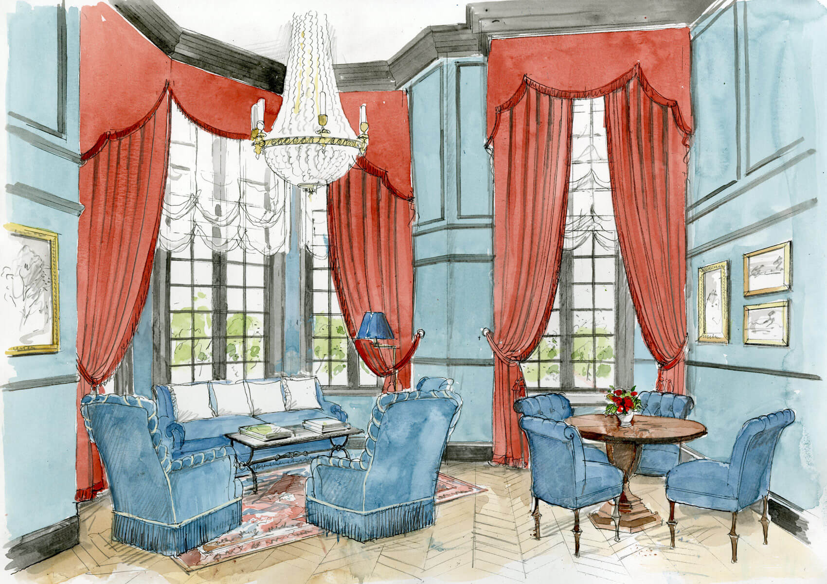 Liam Wales &mdash; Hand-drawn illustration for a hotel bedroom proposal, The Twenty Two, London. 