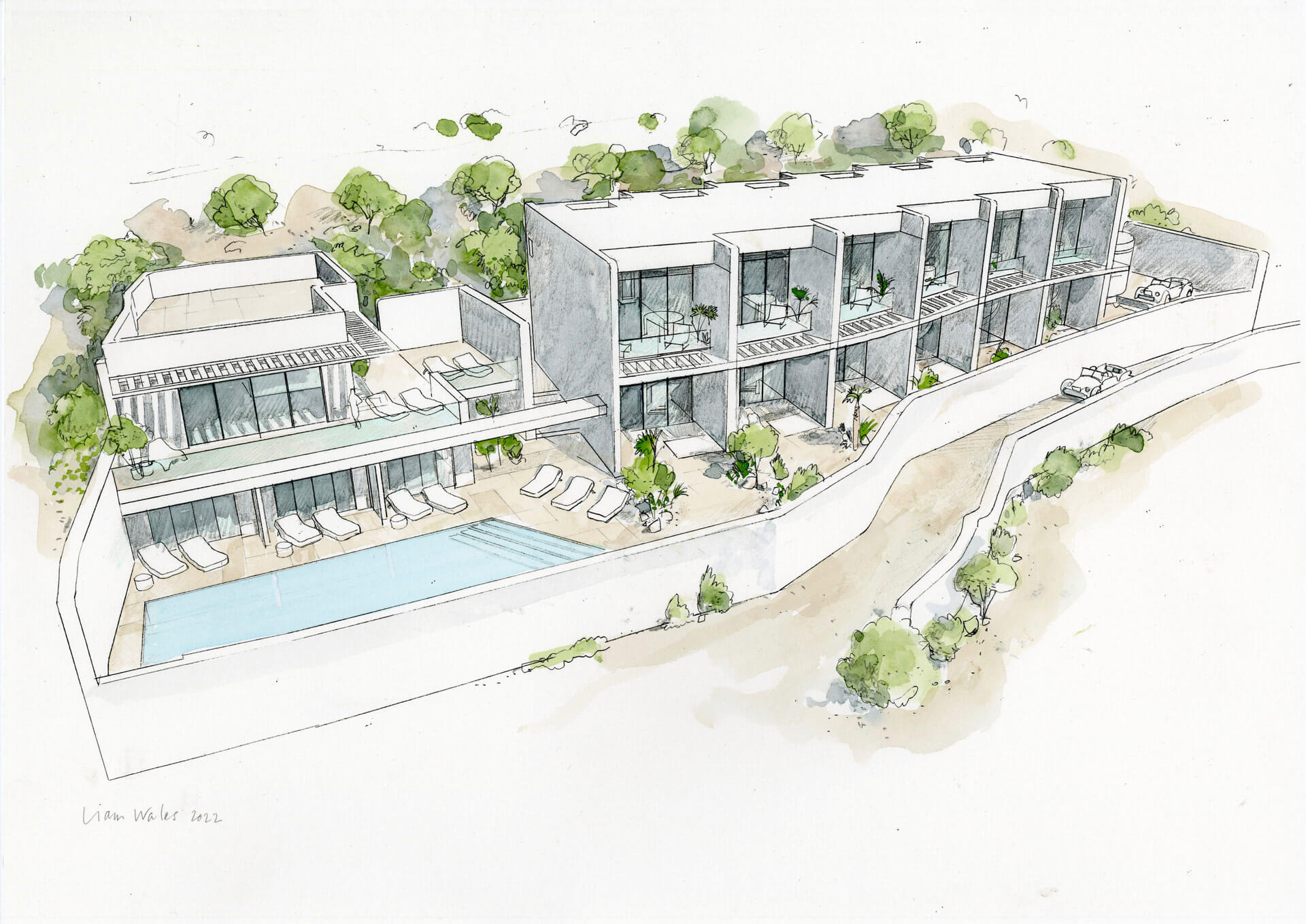 Liam Wales &mdash; Hand-drawn concept for a group of villas in Greece. 