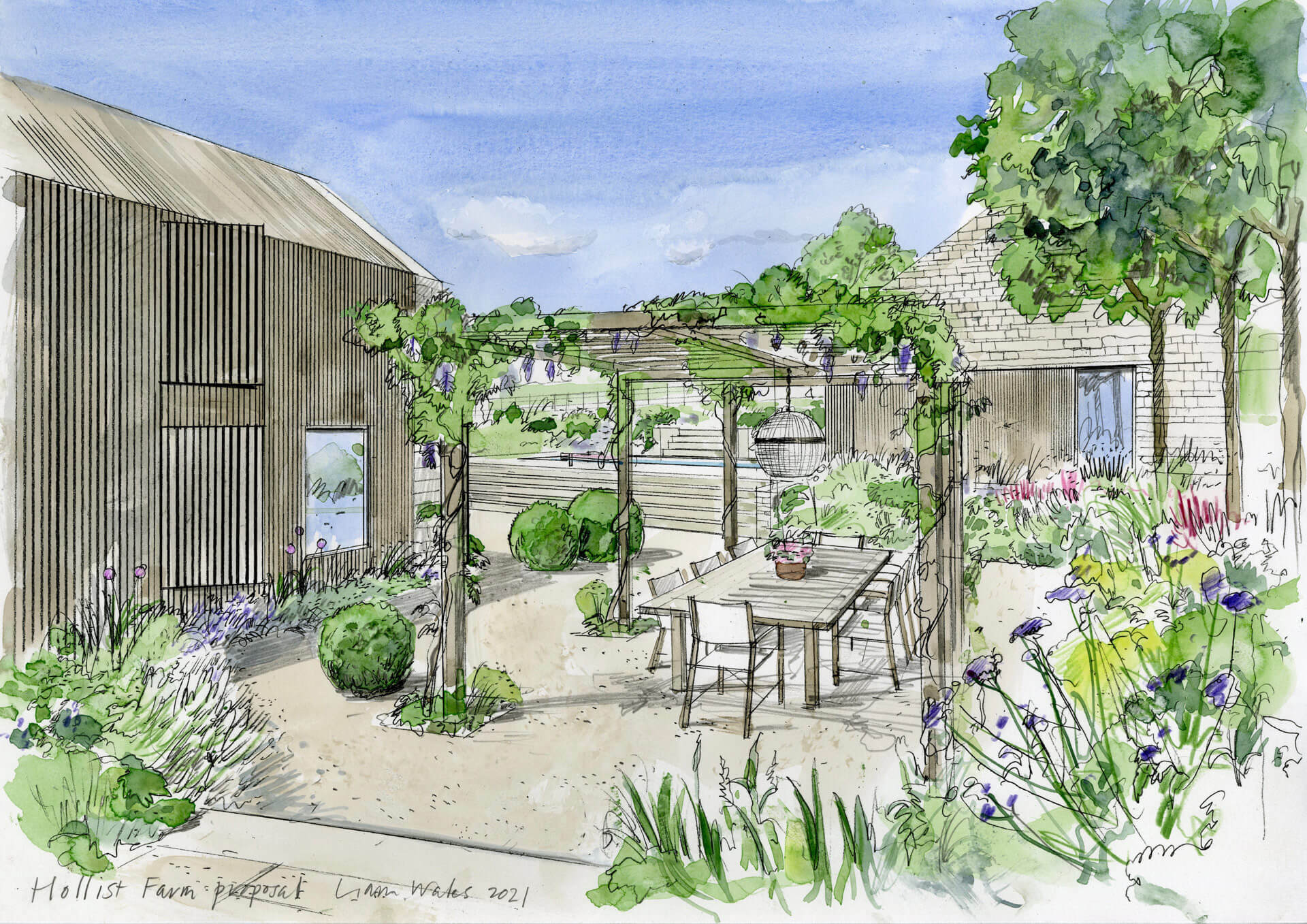 Liam Wales &mdash; Hand-drawn proposal of a contemporary country house. 