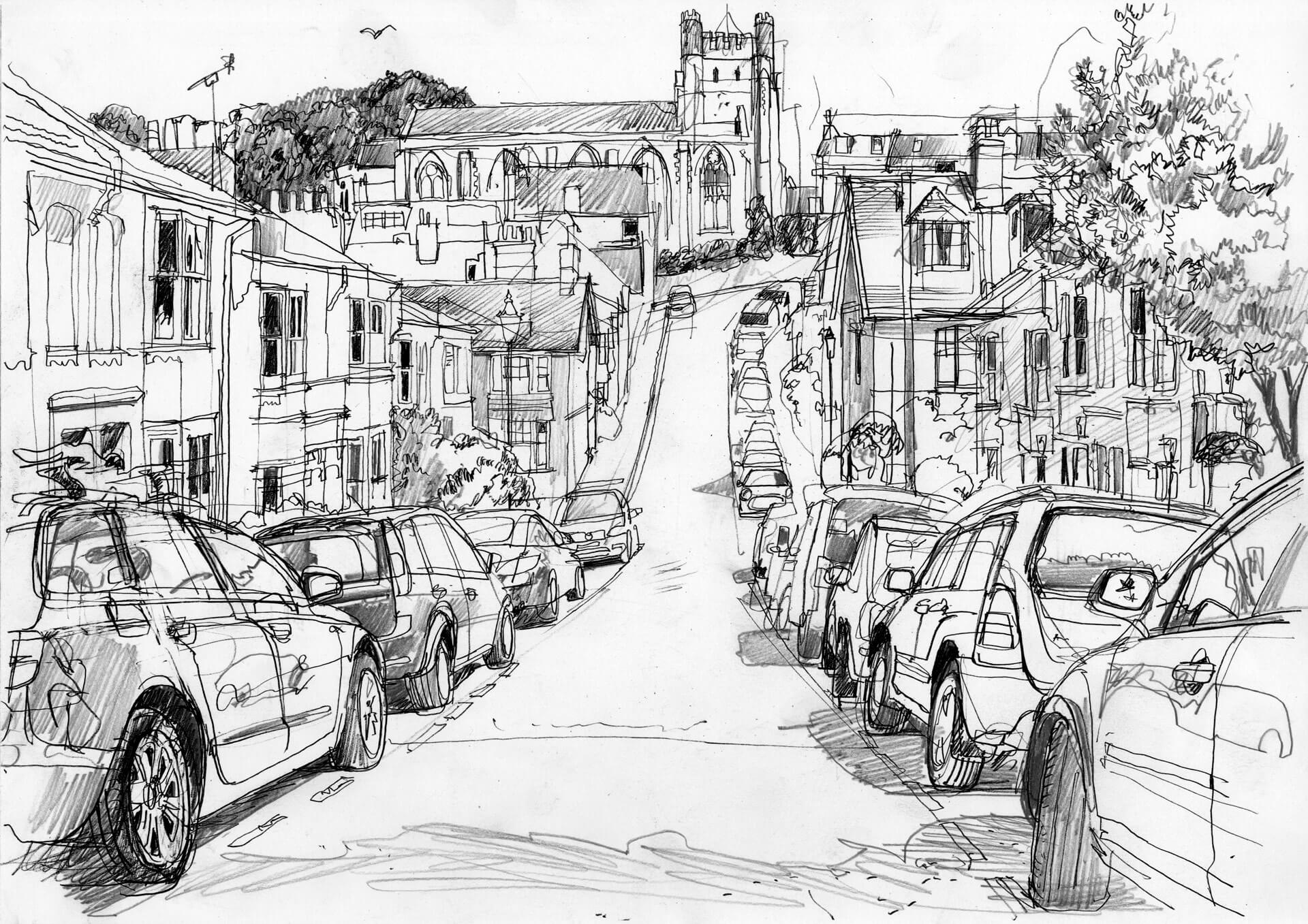 Liam Wales &mdash; Pencil drawing of Toronto Terrace & The Parish Church of St John's Castro in Lewes. 