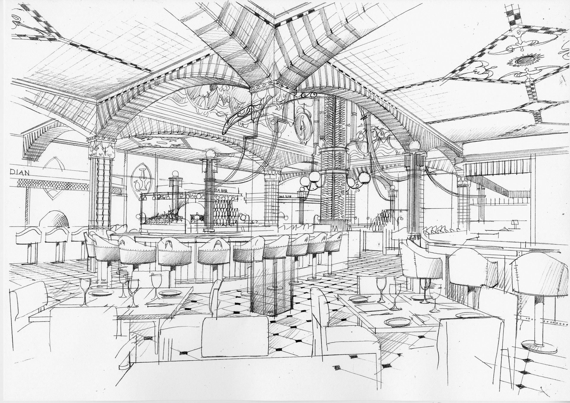 Liam Wales &mdash; Hand-drawn concept for Harrod's historic food hall. 