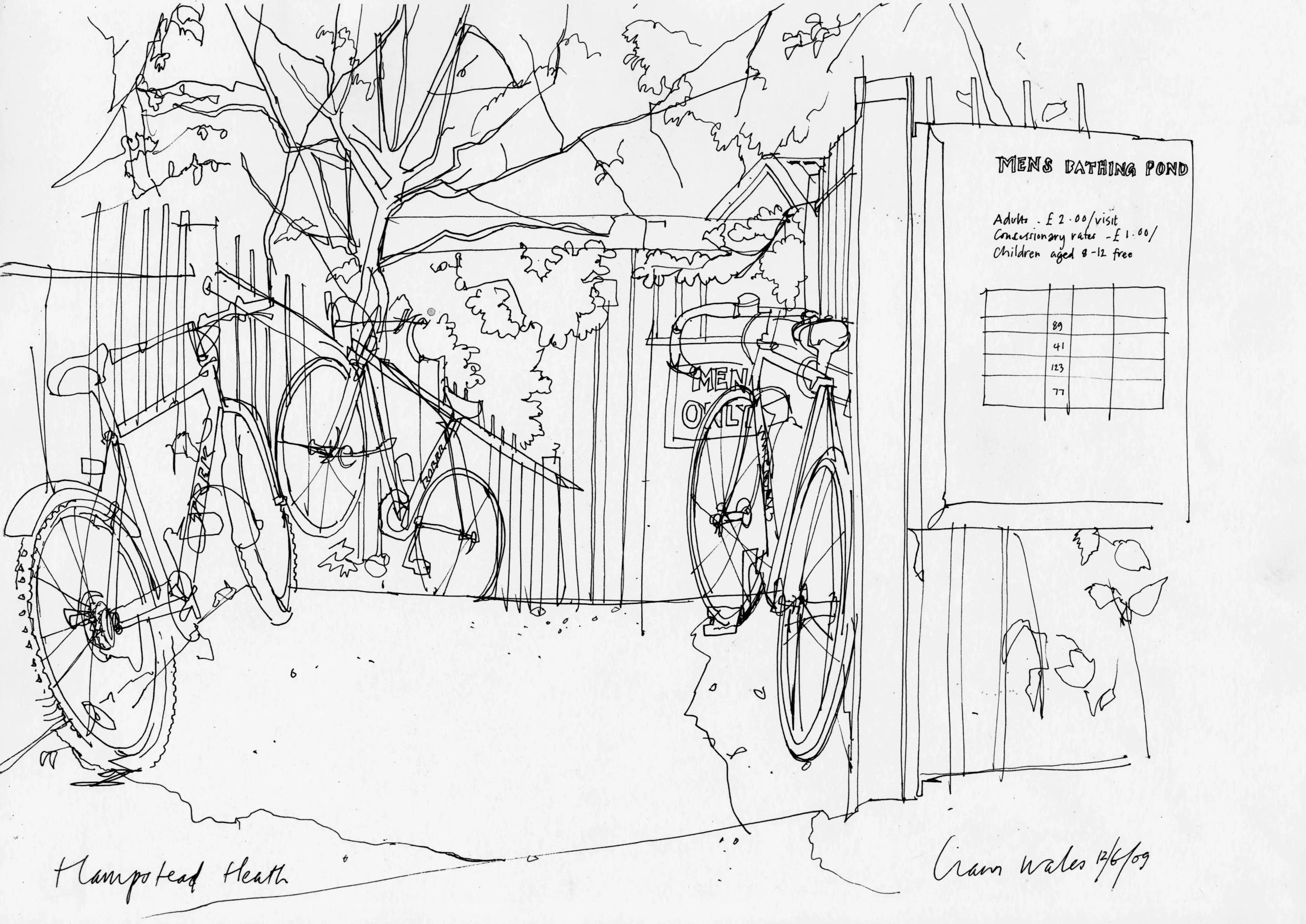 Liam Wales &mdash; Ink drawing of men's bathing pond. Hampstead Heath. 