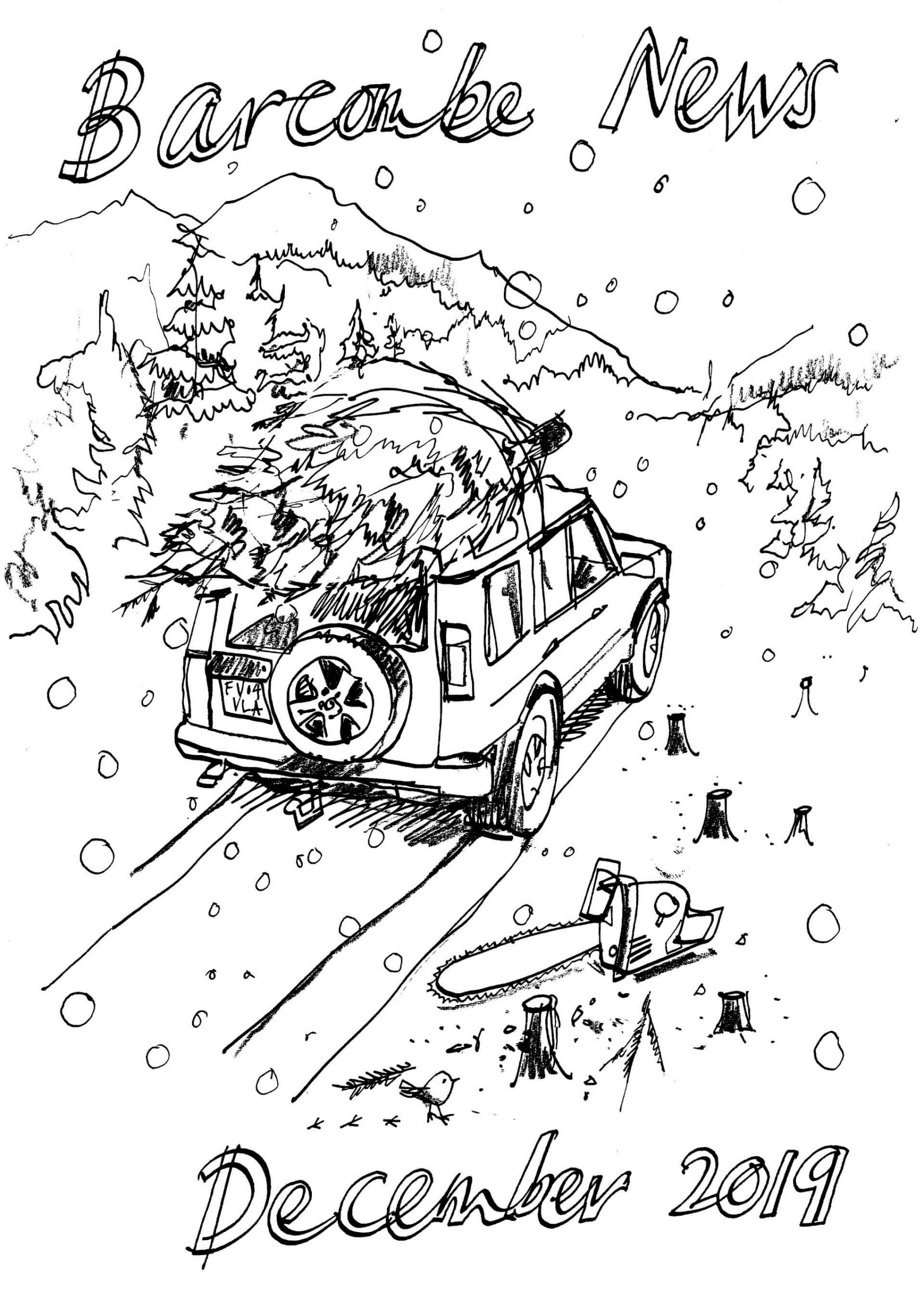 Liam Wales &mdash; Christmas tree on car roof. Christmas card. Ink drawing. 