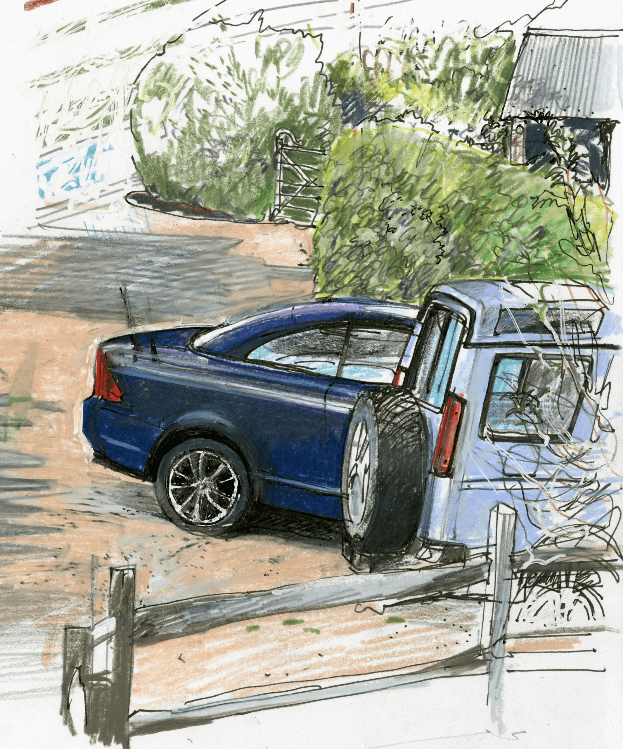 Liam Wales &mdash; Mnoza Caravan, Vale of Health, Hampstead Heath. Ink and charcoal. 